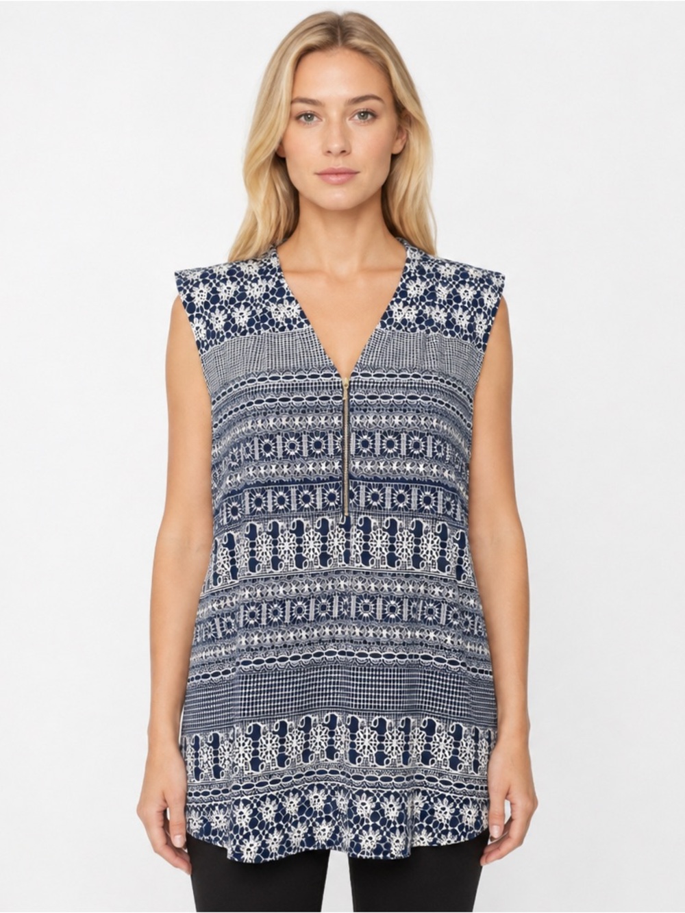 Ivanka Trump Sleeveless Navy and White Lace Pattern V-Neck Zip Blouse Size Large